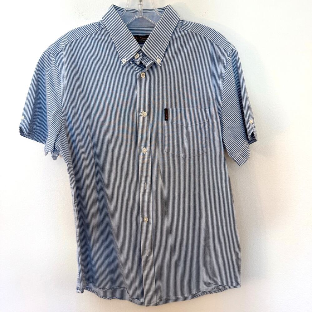 Ben Sherman Blue White Stripe Button Down Shirt Mens Small Cotton Short Sleeve